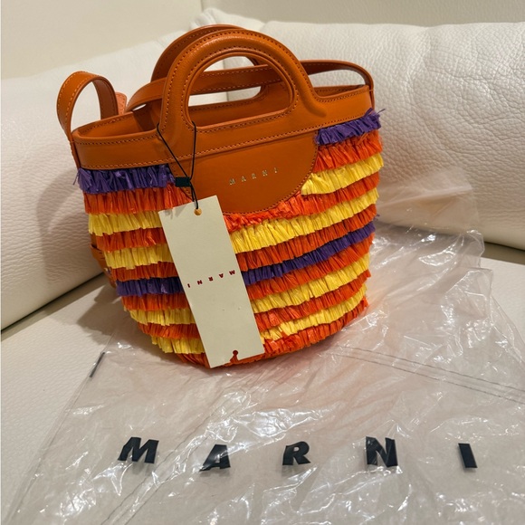 MARNI Tropicalia leather-trimmed faux raffia bucket bag NWT - Picture 7 of 9